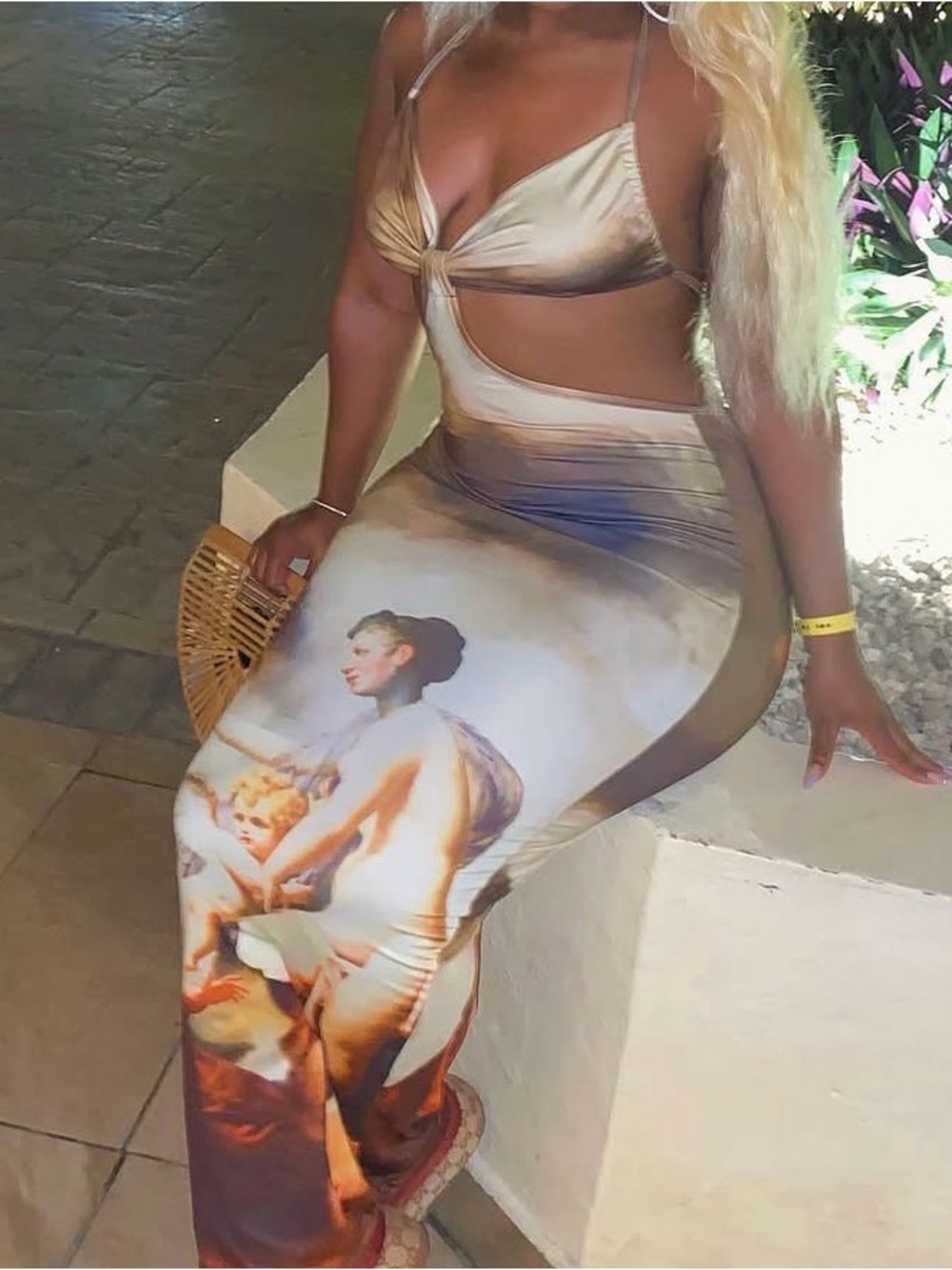 Beige Art-Print Cutout Bodycon Maxi Skirt